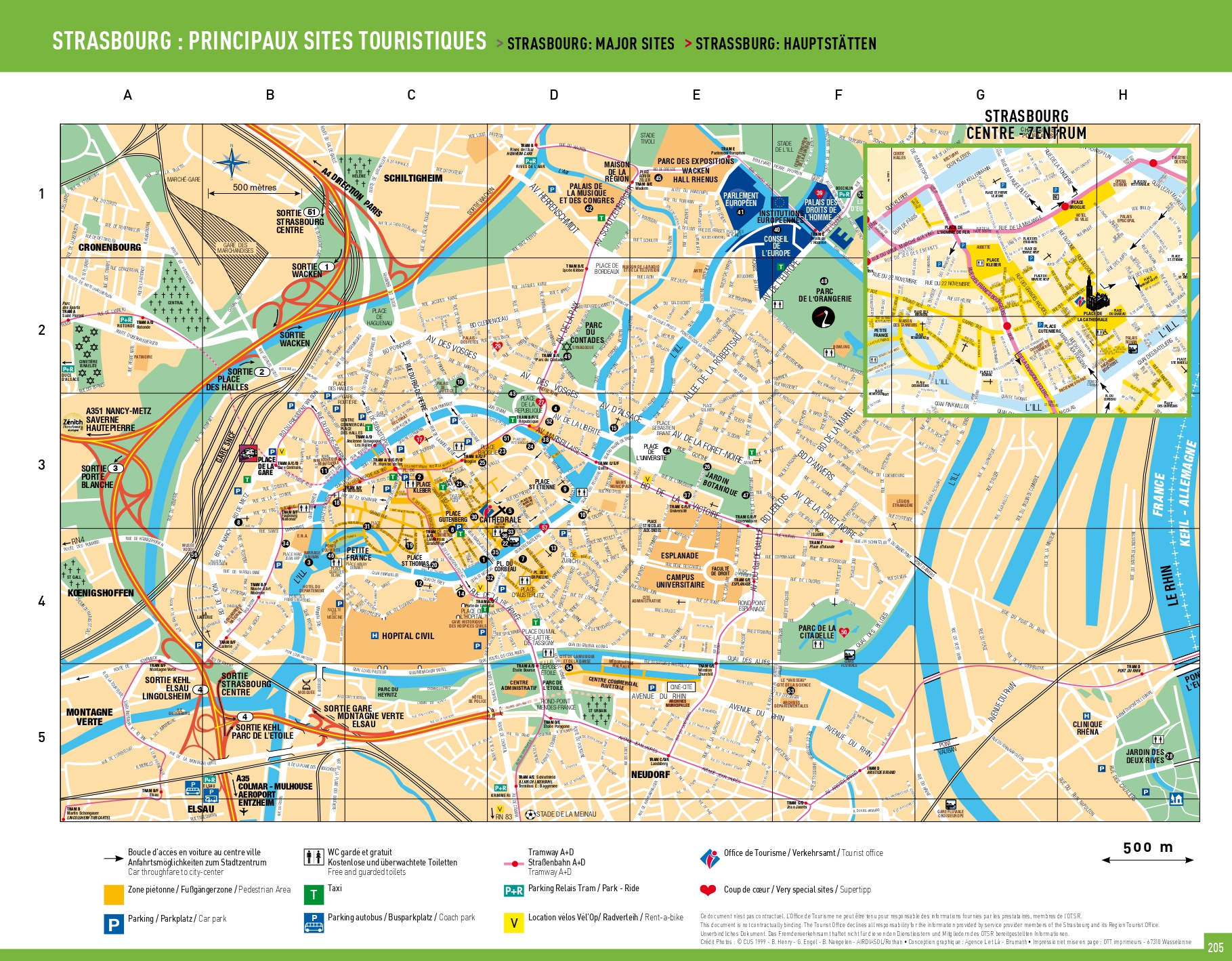 Map of Strasbourg: downtown area, tram and bus |SCB